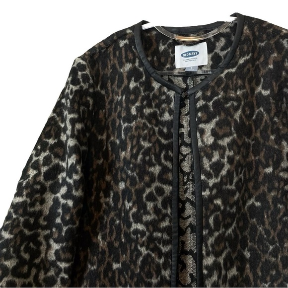 Old Navy Leopard Print Faux Fur Leather Trim Wool Blend Coat Jacket Size Small - Picture 3 of 7